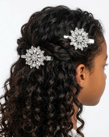 Silver crystal flower hair clip with layered faceted clear crystals for girls
