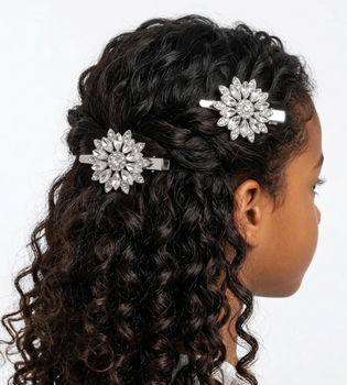 Silver crystal flower hair clip with layered faceted clear crystals for girls
