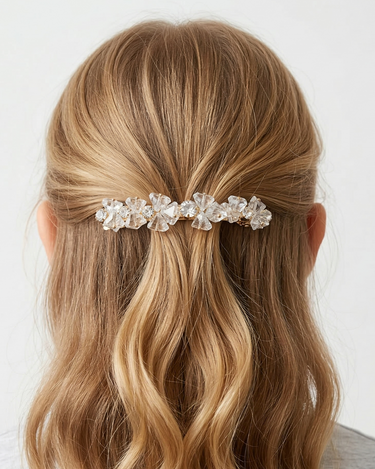 White crystal hair clip with slim gold barrette finish for girls
