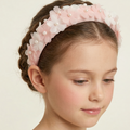 Blush pink satin headband with layered chiffon flowers and pearl centres for girls