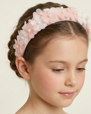 Blush pink satin headband with layered chiffon flowers and pearl centres for girls
