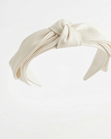 Ivory satin layered bow headband for girls with structured sculpted design
