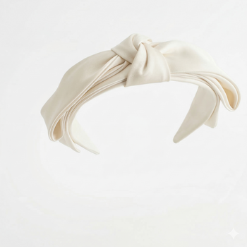 Ivory satin layered bow headband for girls with structured sculpted design
