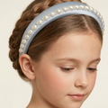 Blue 100% silk padded headband with pearl edging and crystal accents for girls