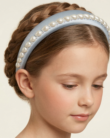Blue 100% silk padded headband with pearl edging and crystal accents for girls