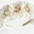 Ivory satin headband with fabric flowers and pearl accents