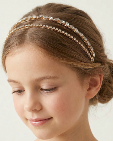 Gold double row crystal slim headband for girls with oval and fine crystal detailing
