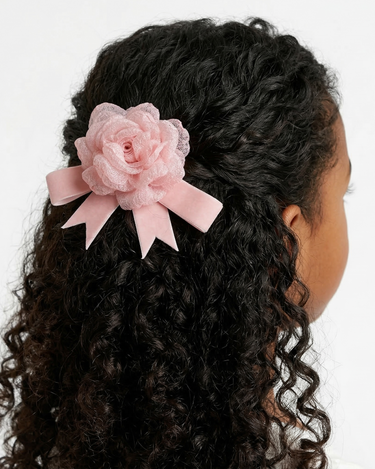Pink velvet rose hair clip with pink velvet ribbon bow for girls
