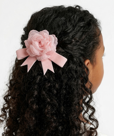 Pink velvet rose hair clip with pink velvet ribbon bow for girls
