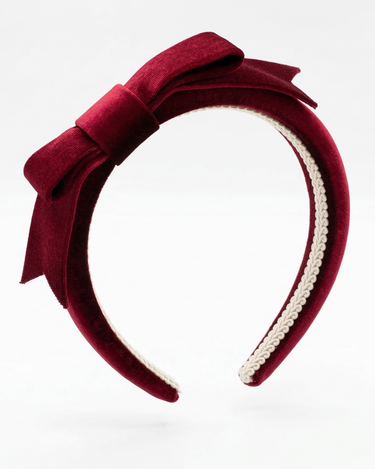 Burgundy velvet bow headband for girls with padded structured band