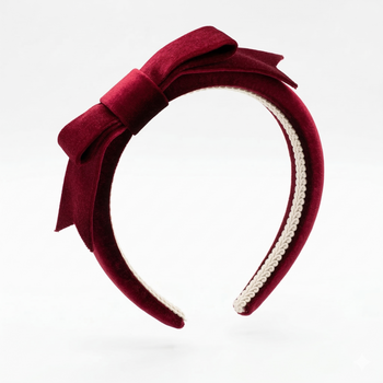 Burgundy velvet bow headband for girls with padded structured band