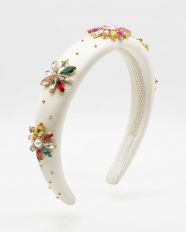 Ivory satin girls headband with faux pearls and multicolour crystal floral embellishments