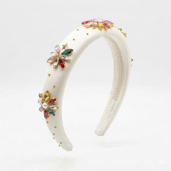 Ivory satin girls headband with faux pearls and multicolour crystal floral embellishments