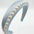 Blue 100% silk padded headband with pearl edging and crystal accents for girls