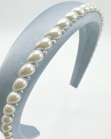 Blue 100% silk padded headband with pearl edging and crystal accents for girls
