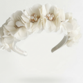 Ivory satin headband with fabric flowers and pearl accents