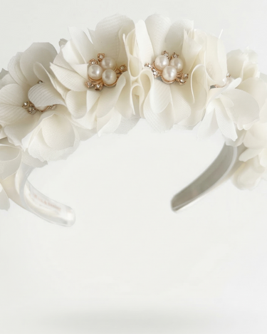 Ivory satin headband with fabric flowers and pearl accents