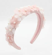 Blush pink satin headband with layered chiffon flowers and pearl centres for girls