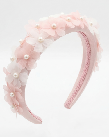 Blush pink satin headband with layered chiffon flowers and pearl centres for girls