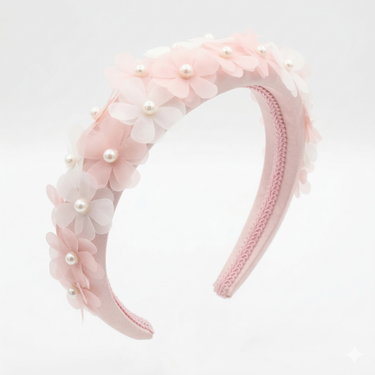 Blush pink satin headband with layered chiffon flowers and pearl centres for girls
