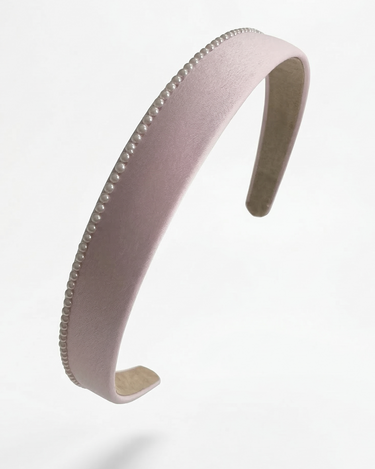 Pink silk slim headband with delicate ivory pearl edge detailing for girls
