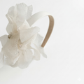 Ivory satin headband with layered organza petals and crystal centre detail for girls aged 2 to 12 years
