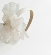 Ivory satin headband with layered organza petals and crystal centre detail for girls aged 2 to 12 years