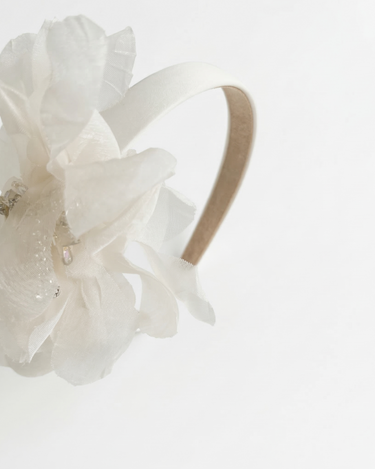 Ivory satin headband with layered organza petals and crystal centre detail for girls aged 2 to 12 years
