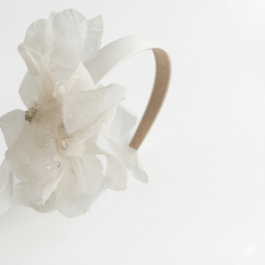 Ivory satin headband with layered organza petals and crystal centre detail for girls aged 2 to 12 years