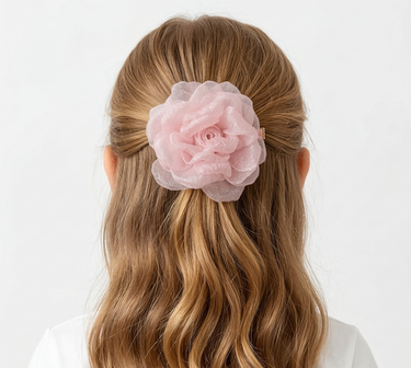 Pink textured rose hair clip for girls with layered sculpted petals
