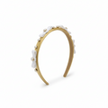 Luxury champagne gold satin headband with pearl accents and velvet bows for girls