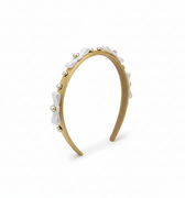 Luxury champagne gold satin headband with pearl accents and velvet bows for girls