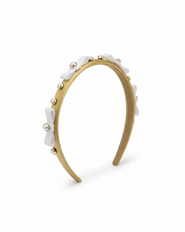 Luxury champagne gold satin headband with pearl accents and velvet bows for girls