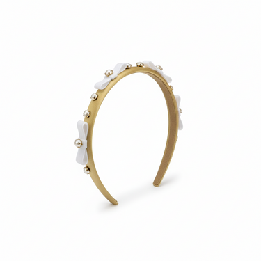 Luxury champagne gold satin headband with pearl accents and velvet bows for girls