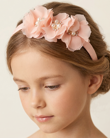 Peach floral headband with pearl and crystal centre detailing for girls
