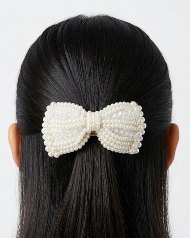 Ivory pearl double heart barrette hair clip with crystal accents for girls