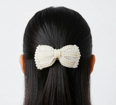 Ivory pearl double heart barrette hair clip with crystal accents for girls