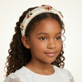 Ivory satin girls headband with faux pearls and multicolour crystal floral embellishments