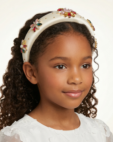 Ivory satin girls headband with faux pearls and multicolour crystal floral embellishments