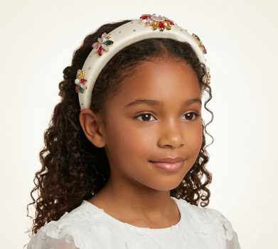 Ivory satin girls headband with faux pearls and multicolour crystal floral embellishments