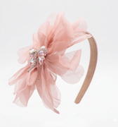 Blush Pink satin headband with layered organza petals and crystal centre detail for girls aged 2 to 12 years