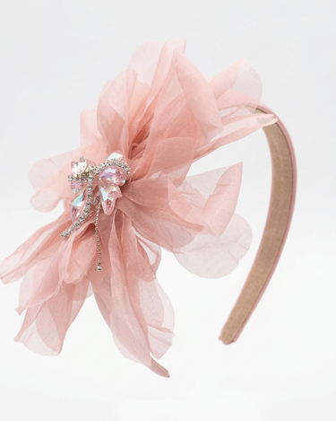 Blush Pink satin headband with layered organza petals and crystal centre detail for girls aged 2 to 12 years