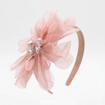 Blush Pink satin headband with layered organza petals and crystal centre detail for girls aged 2 to 12 years