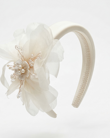 Ivory padded floral headband with pearl and crystal centre detailing for girls