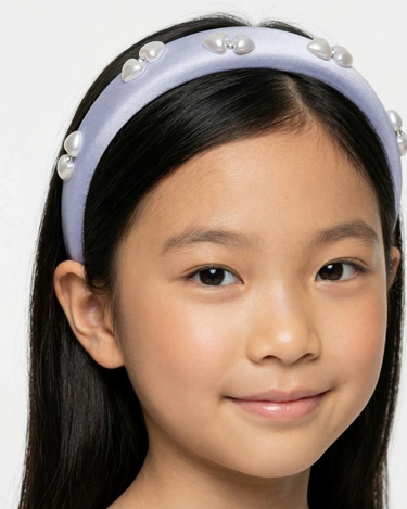 Powder blue satin padded headband with iridescent pearl embellishments for girls
