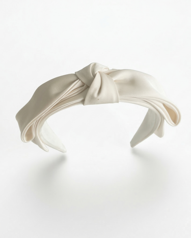 Ivory satin layered bow headband for girls with structured sculpted design
