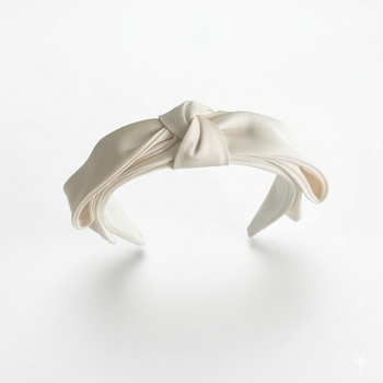 Ivory satin layered bow headband for girls with structured sculpted design
