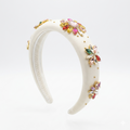 Ivory satin girls headband with faux pearls and multicolour crystal floral embellishments