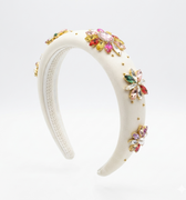 Ivory satin girls headband with faux pearls and multicolour crystal floral embellishments