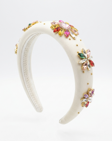 Ivory satin girls headband with faux pearls and multicolour crystal floral embellishments